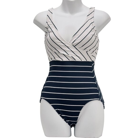 KONA SOL Women's Swimsuit Navy White Stripes 1 Piece V-Neck Nylon Lycra Size XS - Picture 1 of 8